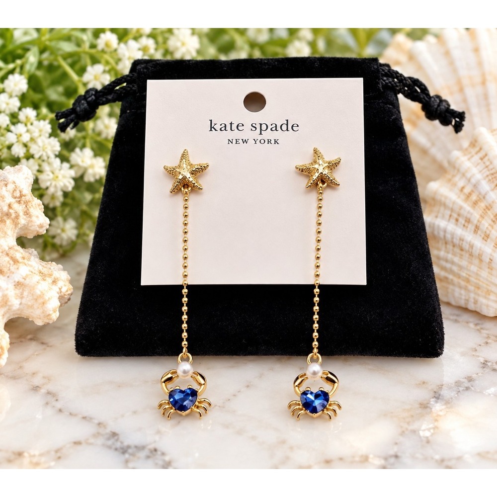 Kate Spade Sea Star Crab Drop Earrings Blue Crystal Gold Coastal Beachcore NWT